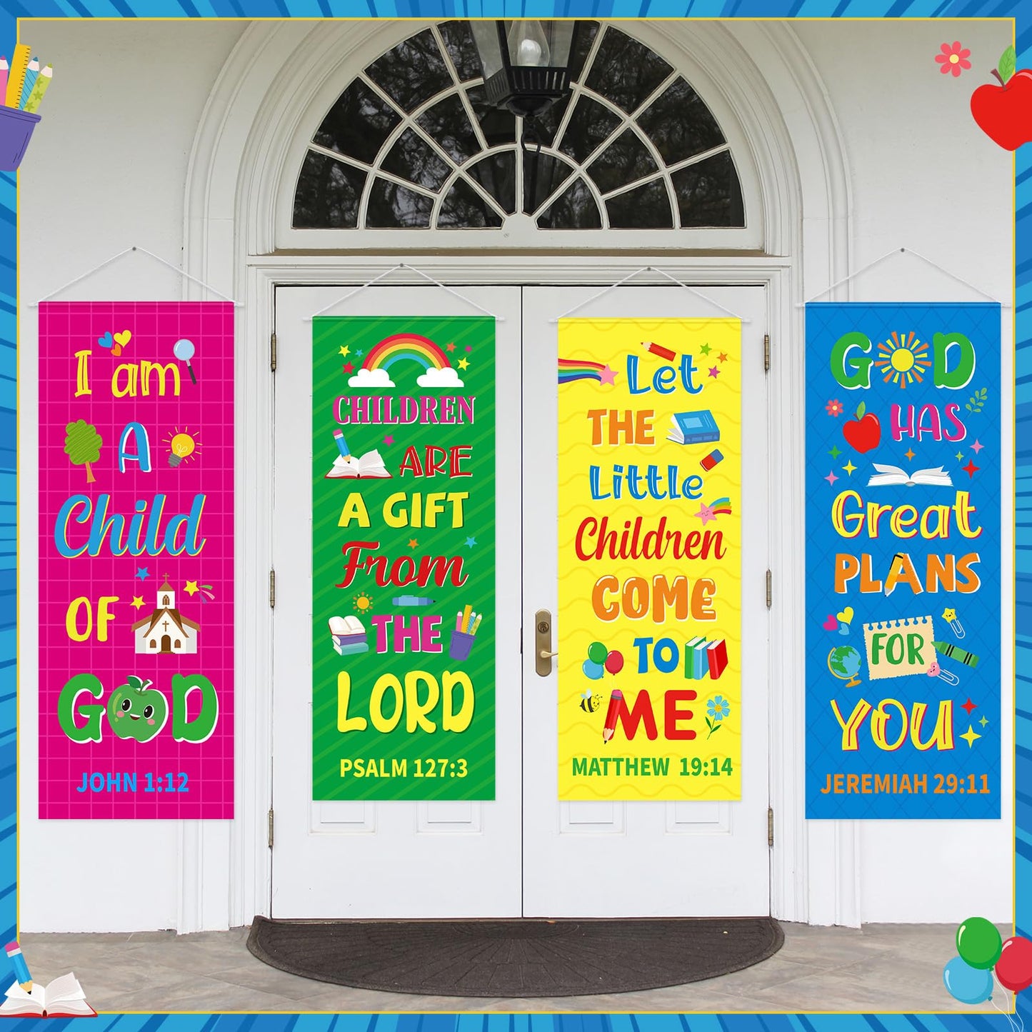 Panelee 4 Pcs Church Banners for Sanctuary Wall Rainbow Cartoon Church Banners with Scripture Inspirational Religious Praise Bible Verses Hanging Backdrop Signs for Sunday School Worship Decoration