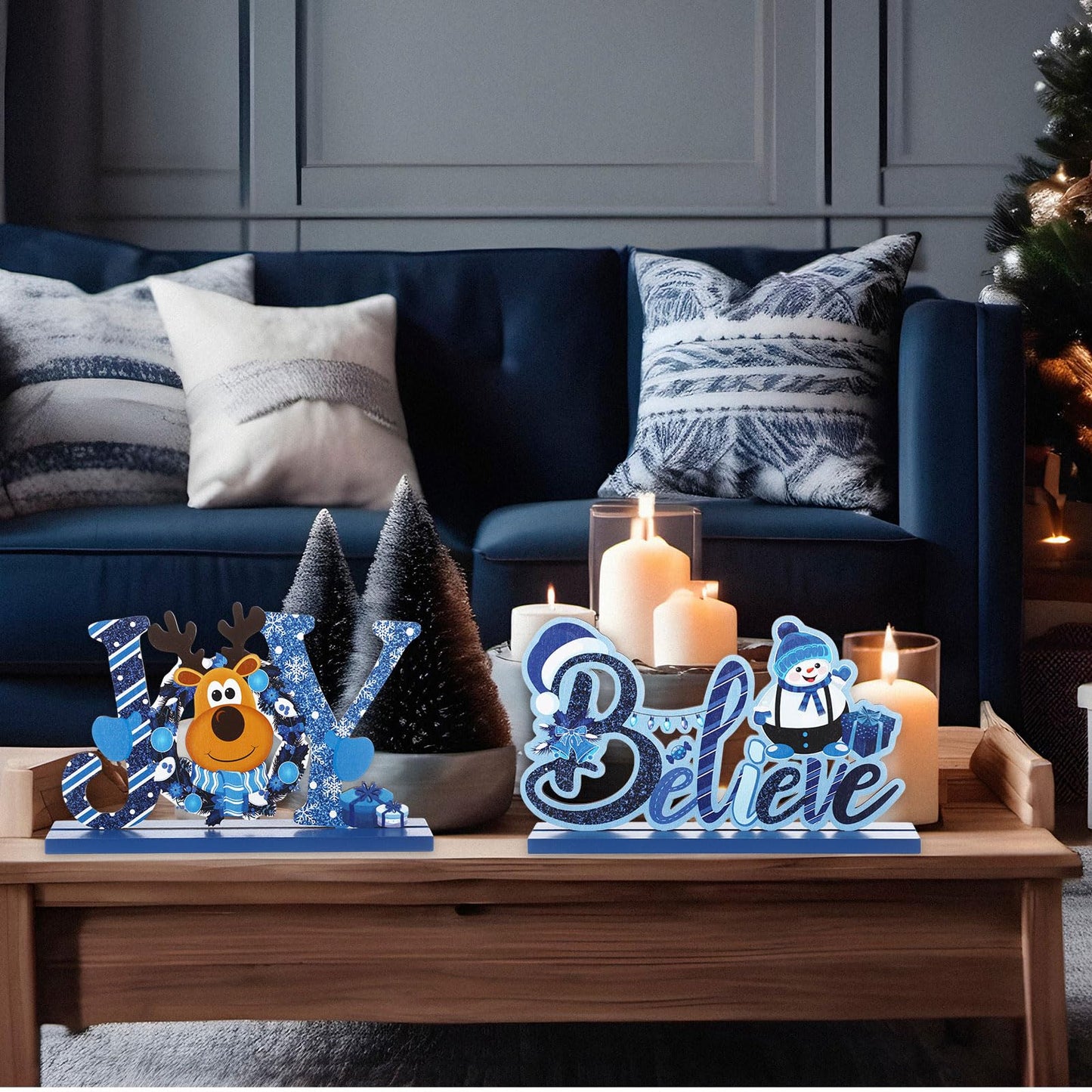Blulu 3 Pcs Christmas Decorations Indoor Centerpieces for Tables Tabletop Wooden Signs Farmhouse Centerpieces Xmas Snowman Santa Claus Gnome Signs Merry Christmas for Xmas Holiday Party Decor(Blue)