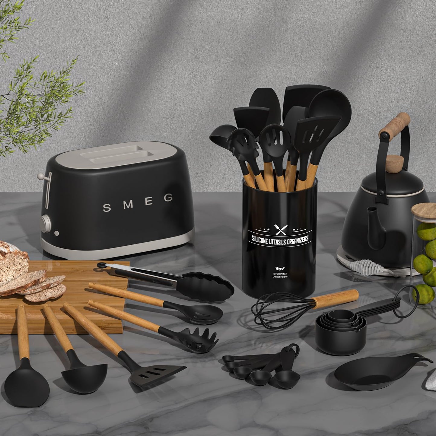 Umite Chef Kitchen Cooking Utensils Set, 33 pcs Non-Stick Silicone Cooking Kitchen Spatula Set with Holder, Wooden Handle Silicone Kitchen Gadgets Utensil Set (Black)