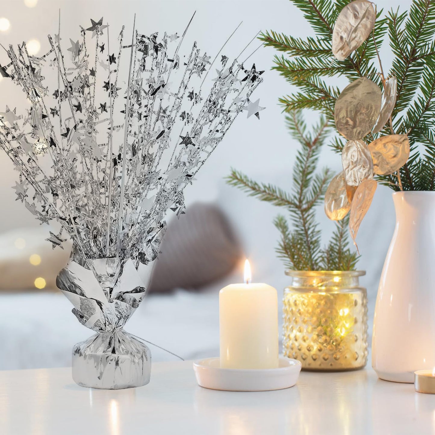Ohiyoo 20 Pack Silver Foil Spray Centerpiece Star Table Decoration Metallic Burst Table Centerpieces for Birthday New Year Wedding Anniversary Graduation Party Supply (Silver)