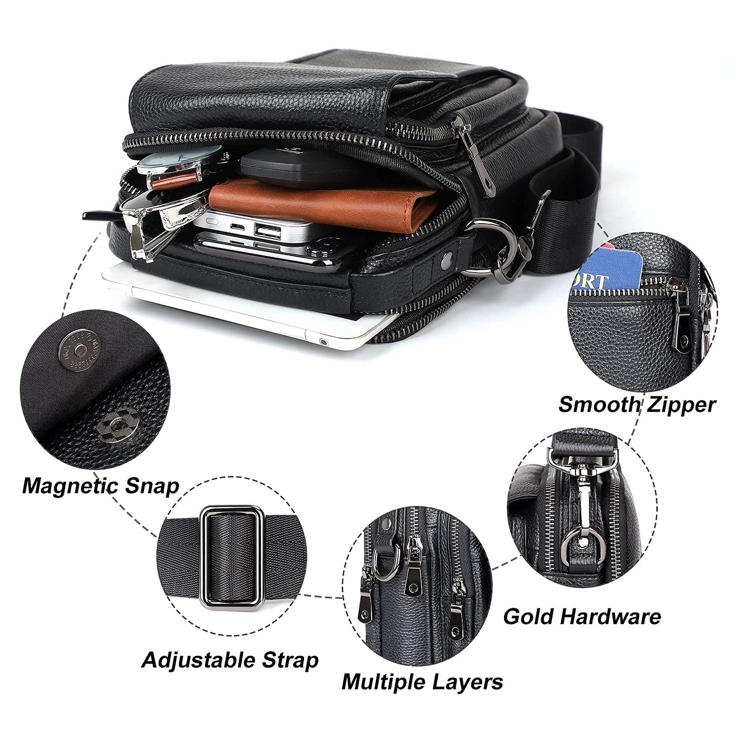 Augus 100% Genuine Leather Small Messenger Bag for Men - Crossbody Shoulder Sling Travel Daypack with Magnetic Buckle, Unisex Design for Daily Commute & Travel