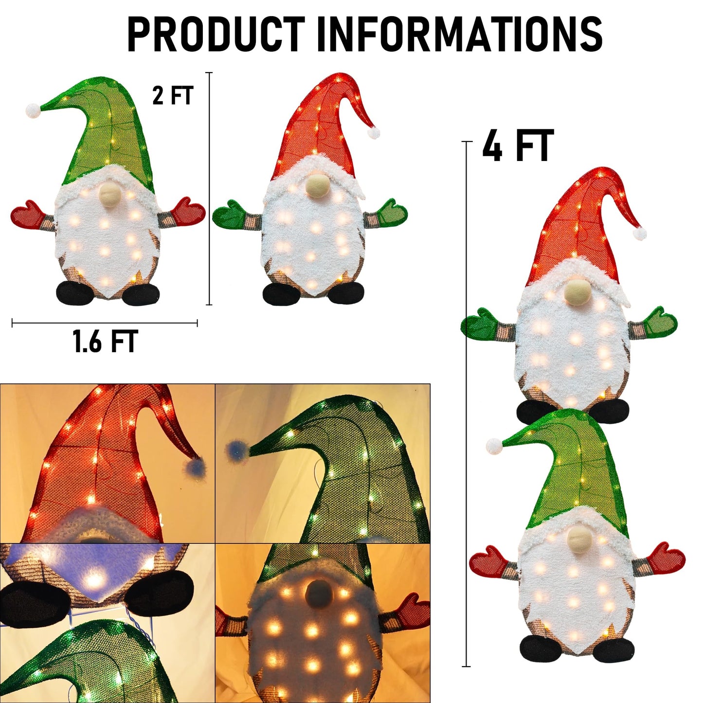 TW SHINE Set of 2 Lighted Christmas Gnomes Decorations, 50L 2 FT Stack-able Gnome Christmas Decor for Indoor Outdoor Festive Xmas Holiday Garden Yard Lawn