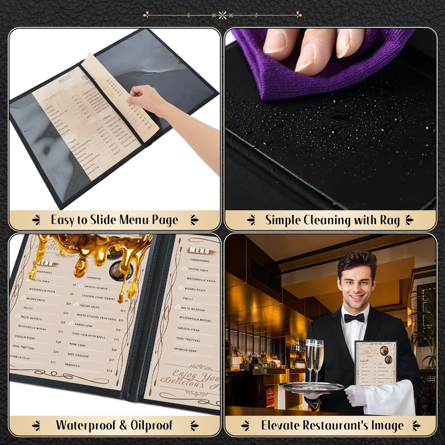 FLKQC Restaurant Menu Covers Holders 8.5" x 11" | Pack of 10 Synthetic Leather Double Fold Panels 2 View with PVC Cover for Wine List, Drinks (10, Double Fold Panels 2 View (8.5 x 11 inch))