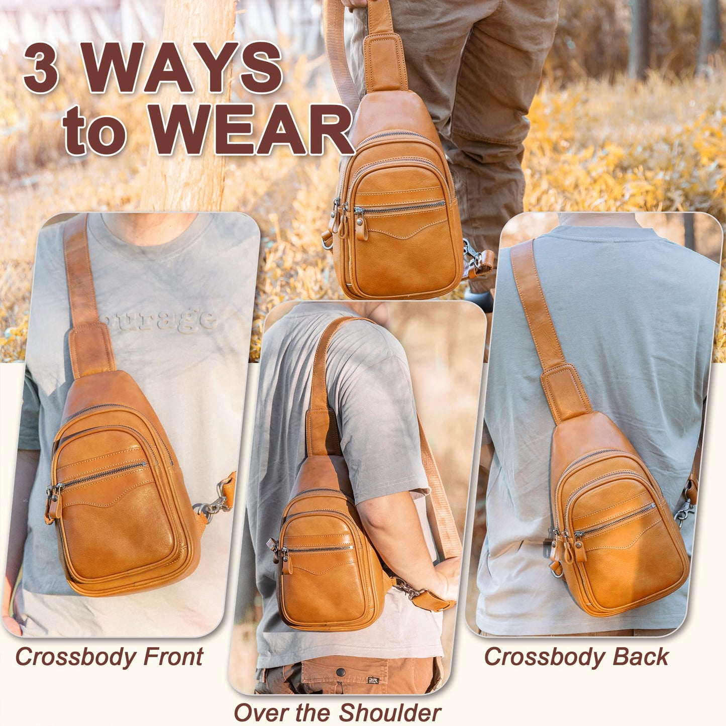 CENUNCO Genuine Leather Sling Bag for Men and Women Crossbody Shoulder Bag Sling Backpack Chest Purse Carry on Casual Daypack(Tan)