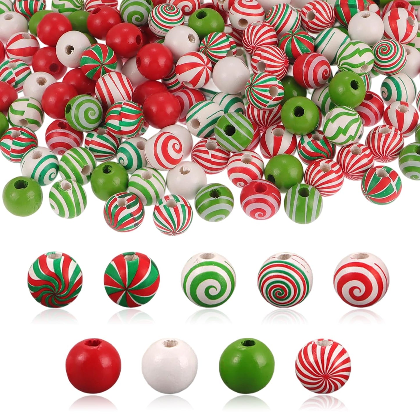 180 Pcs Christmas Wooden Beads Xmas Red Green Round Wood Beads Peppermint Candy Canes Crafts for DIY Garland Jewelry Making Party Tree Hanging Home