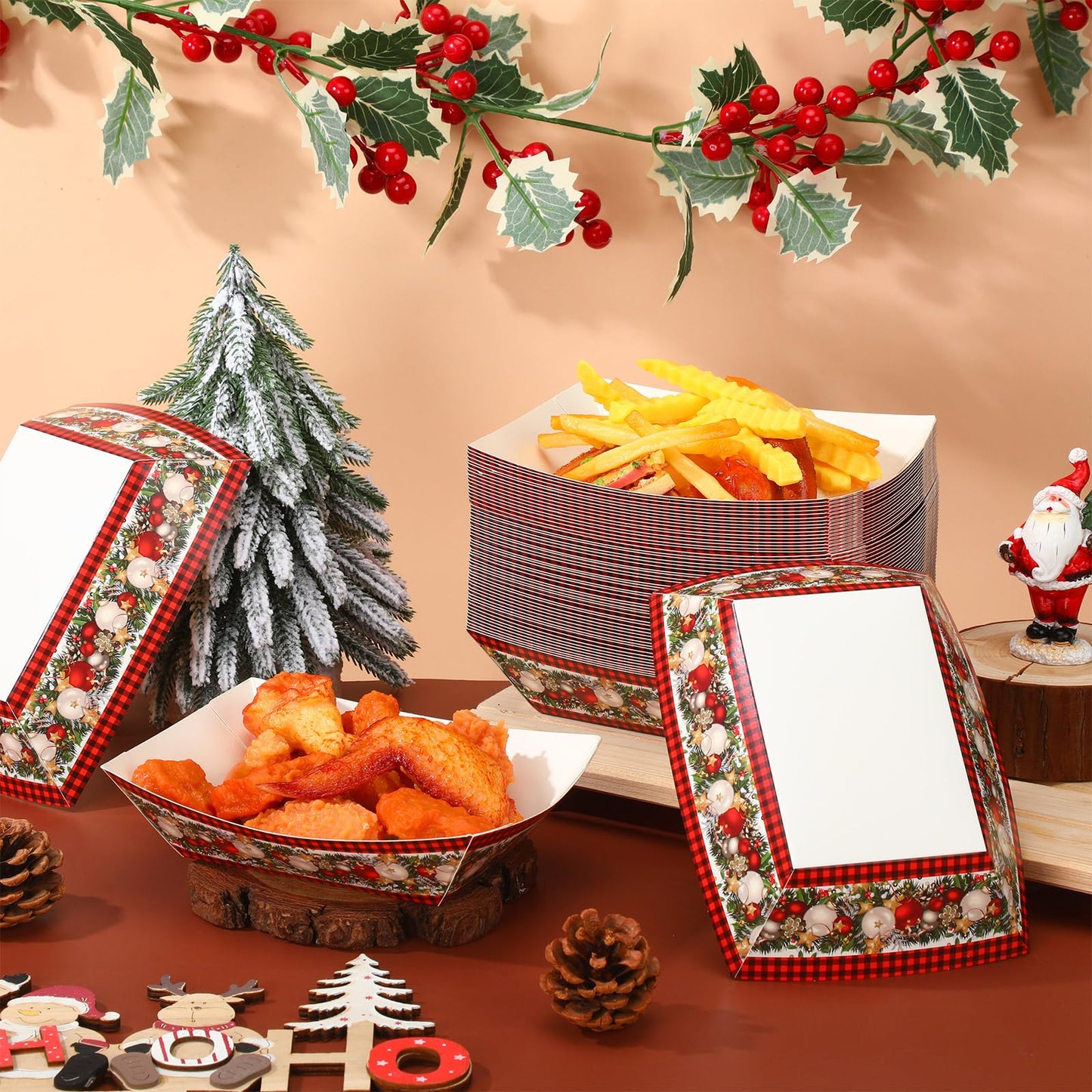 Ctosree Christmas Paper Food Trays Linen Red and Black Buffalo Check Seasonal Winter Xmas Holiday Farmhouse Style Snack Bowl for Party Decoration Supplies