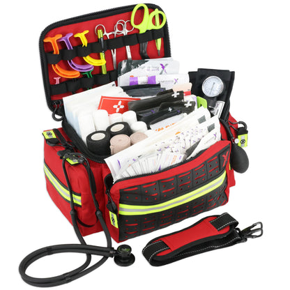 Lightning X Mid-Sized First Responder EMT Bag | LXMB25 | Fully Stocked w/ 240+ First Aid, EMS & Trauma Supplies - RED