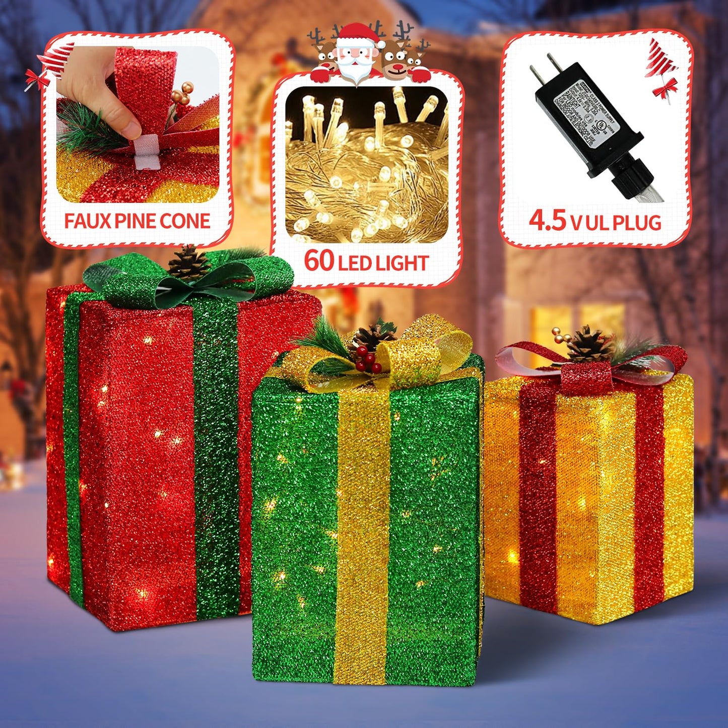 DomKom Set of 3 Tall Rectangular Christmas Lighted Gift Boxes - 60 LED Lighted Christmas Box - Light Up Xmas Tree Skirt Ornament Outdoor/Indoor Vertical Yard & Porch Decor
