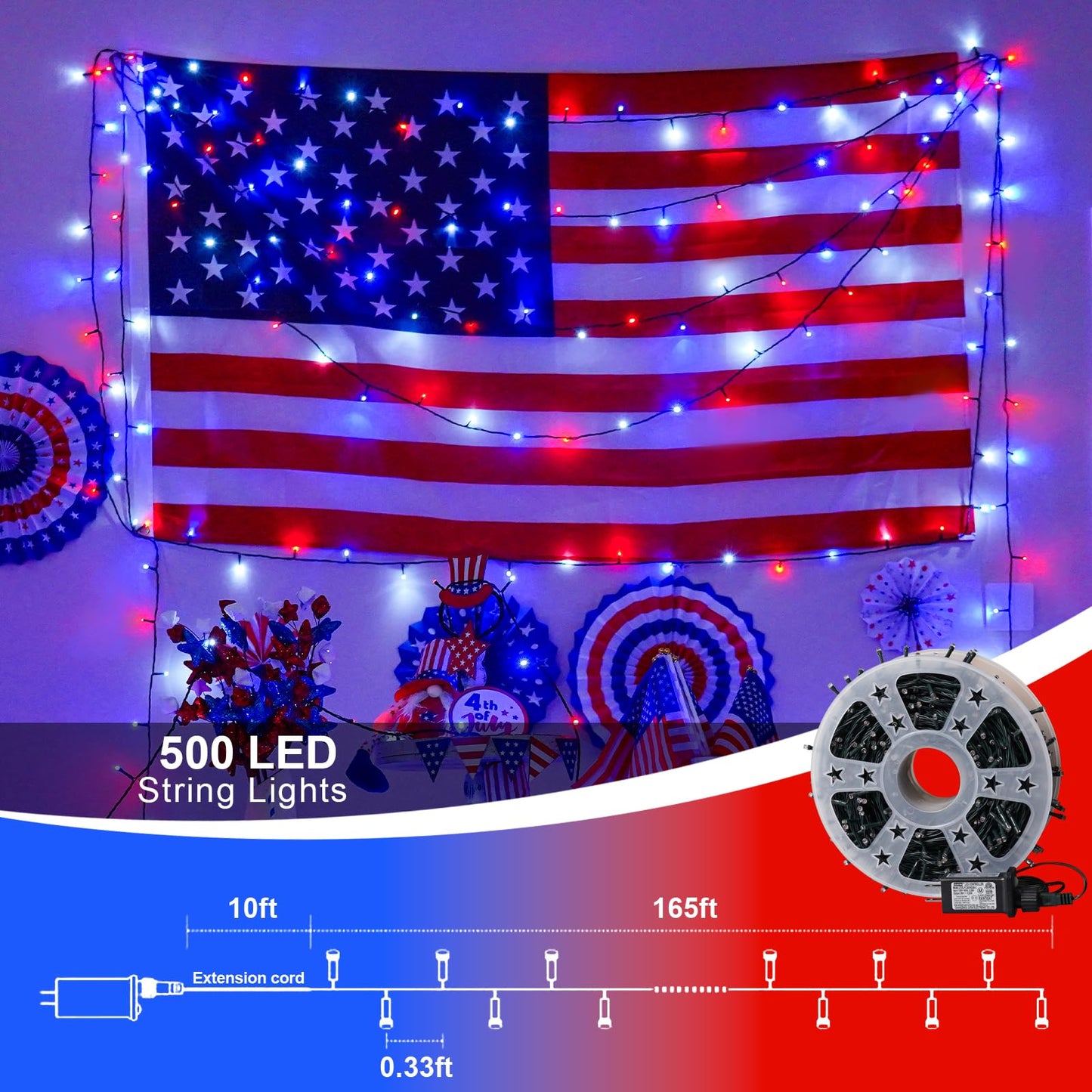 QITONG 500 LED Red White and Blue String Lights, 165ft 4th of July Decorations Lights Plug in Outdoor Indoor, 8 Modes Patriotic Light Green Wire for Independence Memorial Day Décor