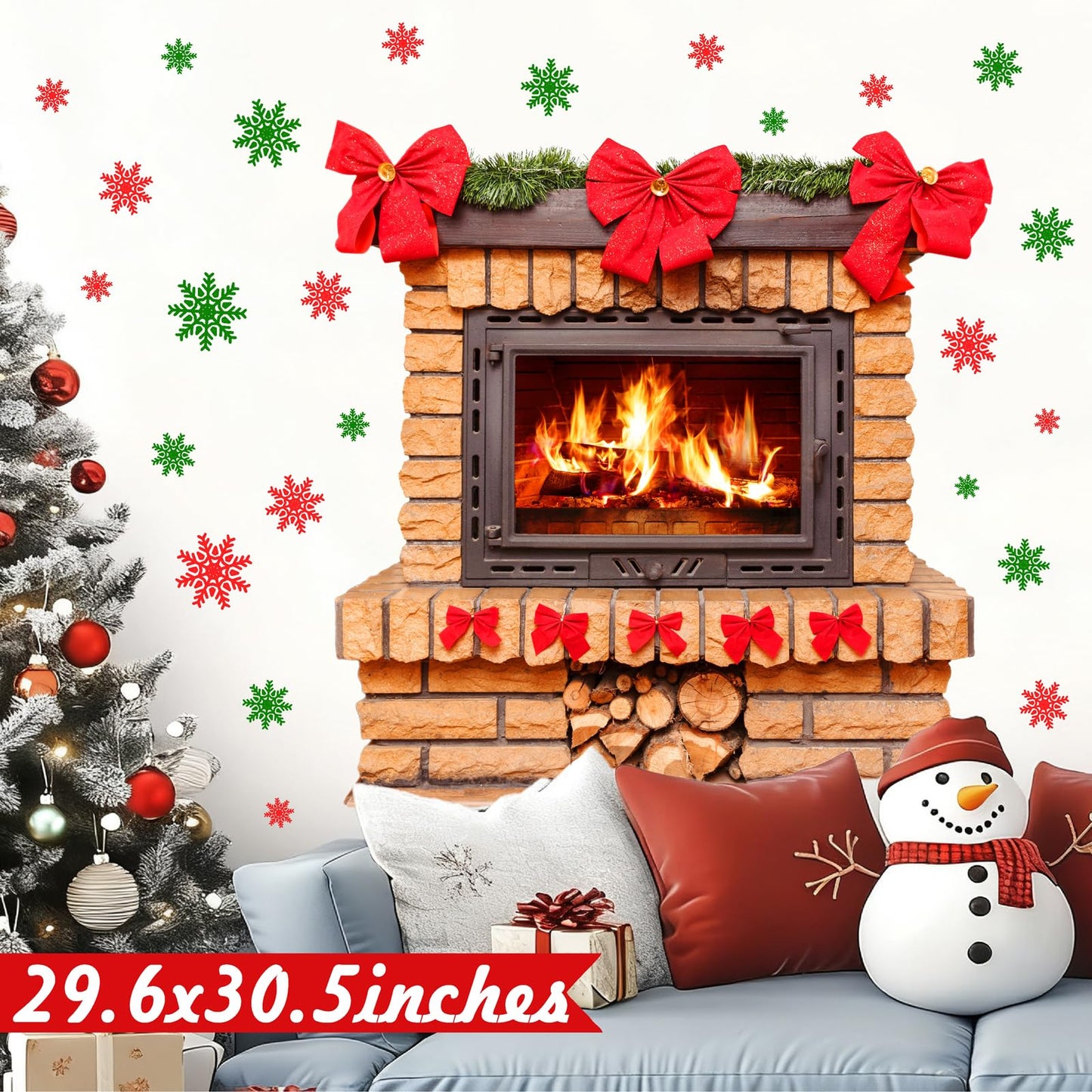 Large Christmas Wall Stickers Christmas Wall Decoration Vinyl Decals Realistic Bow Fireplace Decal for Walls Peel and Stick Indoor Snowflakes Xmas Art Murals for Living Room Holiday Party Supplies