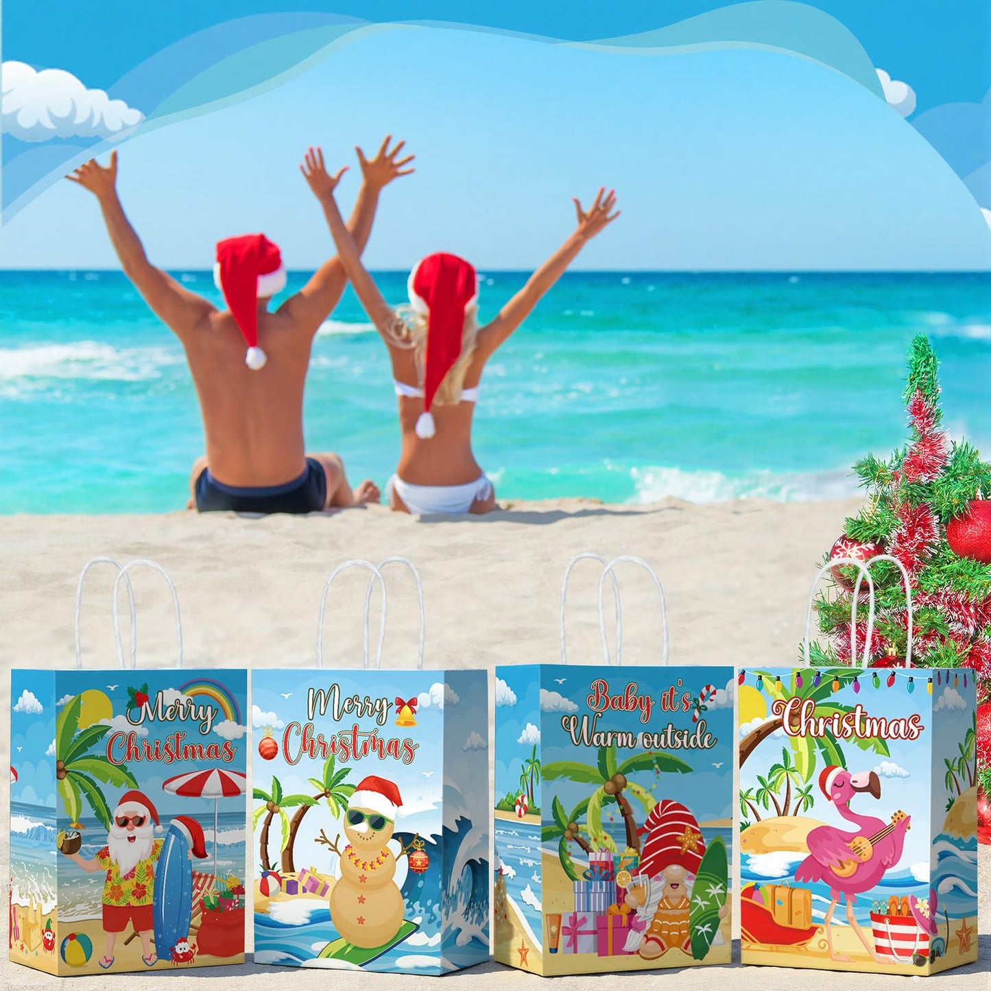 Kolldenn 48 Pcs Hawaiian Christmas Goodie Bags Summer Christmas Party Favor Bag Xmas Gift Paper Bags with Handle Tropical Beach Santa Flamingo Candy Treat Pouch for Xmas Pool Birthday Party