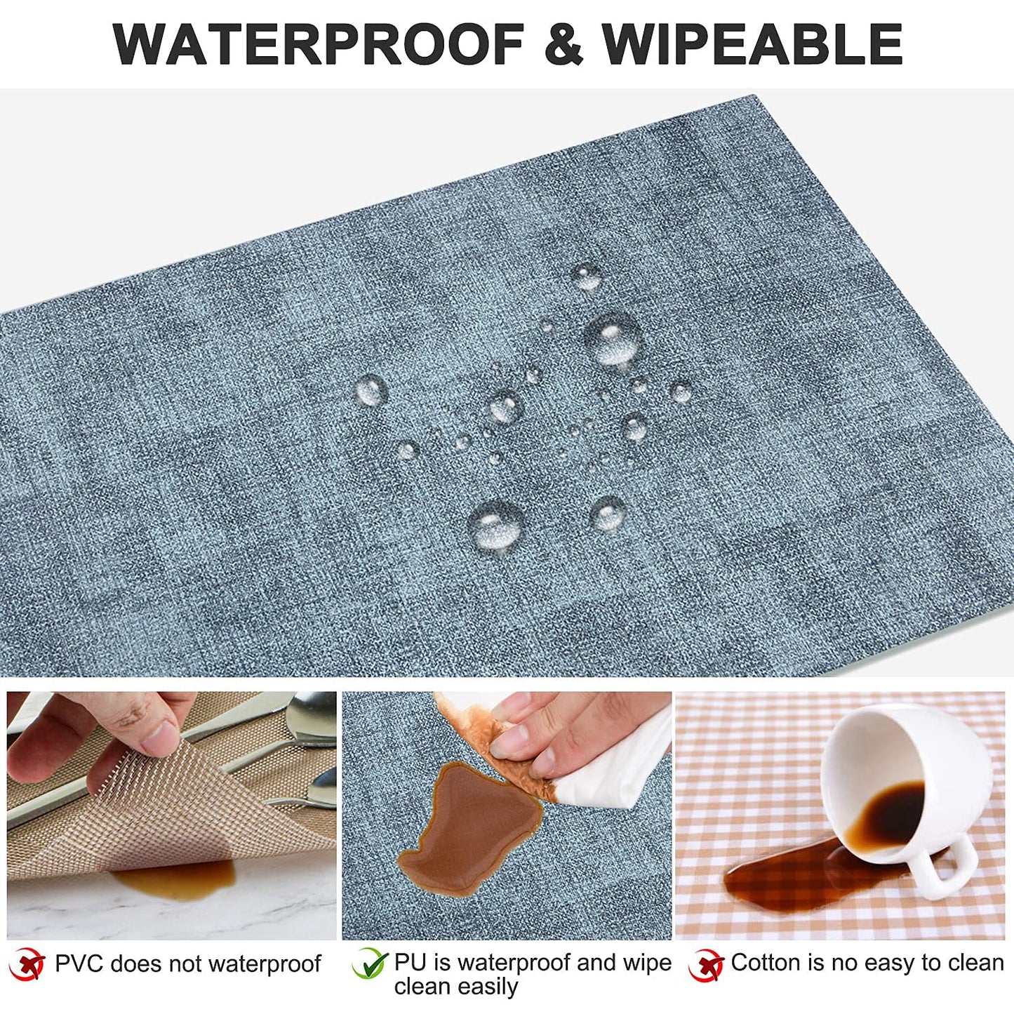 LANDVIEW Leather Heat Resistant Placemats Set of 6 Waterproof Wipeable Washable PU Table Mats,Easy to Clean Anti-Slip (6, Blue)