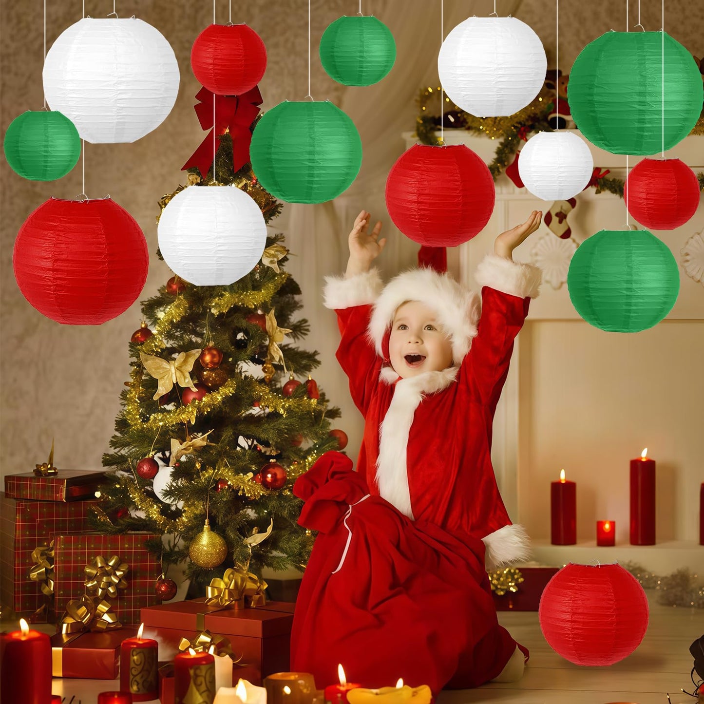 YIOTJUNL 14 PCS Red Green White Paper Lanterns, 6 8 10 Inch Hanging Ornaments for Cinco de Mayo Decorations, Mexican Fiesta Party Supplies, Italian Pizza Theme, Strawberry Birthday Decor