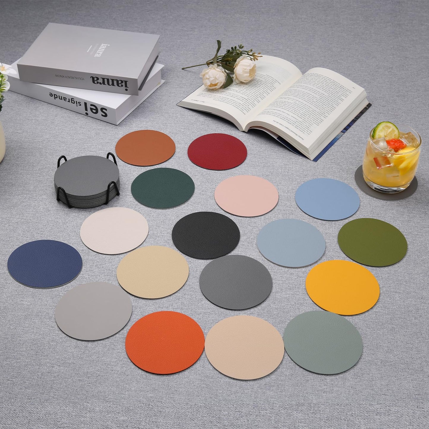 Chitomars Faux Leather Coasters with Holder, Dual Sided Sets of 12, Non-Slip Washable Coasters for Coffee Tabletop Protection (Gray White)