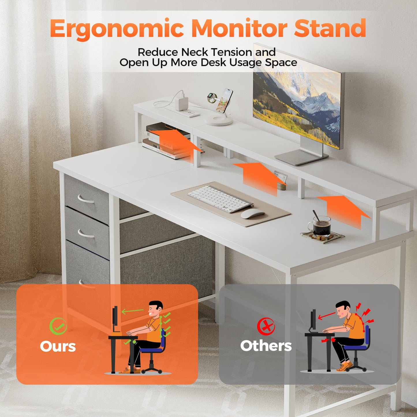 Mericonia Computer Desk 55 inch with Power Outlets & LED Lights, Gaming Desk with 3 Drawers for Home Office, Small Desk with Monitor Stand for Small Spaces, Study Writing Desk