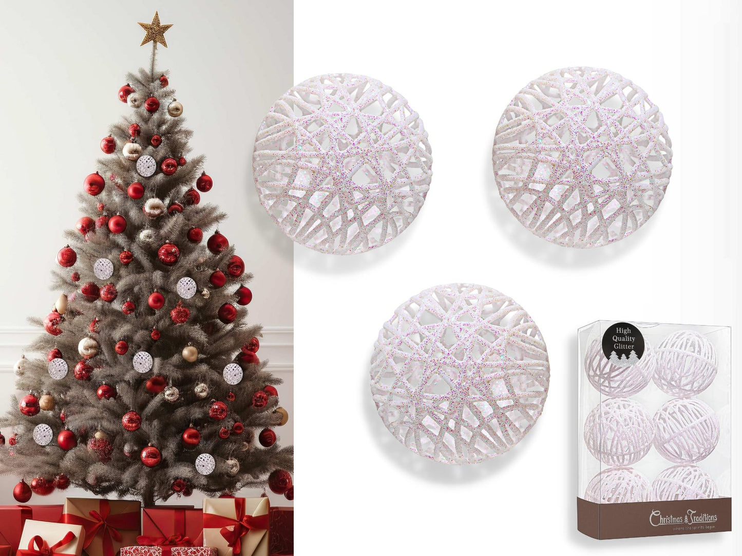 Christmas Traditions 4 inch Glittered Iridescnet White Rattan Ball Ornaments Hanging Tree Decorations (Set of 6) (Iridscent White), Large