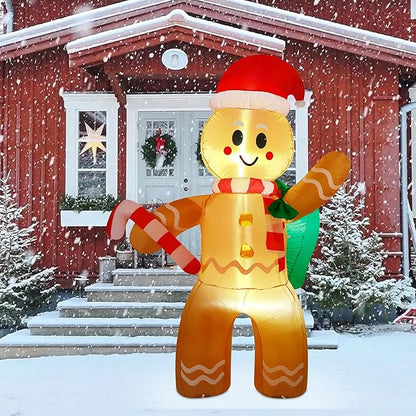 Christmas Inflatables 6 Ft Gingerbread Man with Gift Bag and Candy Cane, LED Lights Blow up Xmas Decorations for Indoor Outdoor Yard Garden Lawn Holiday Party Decor