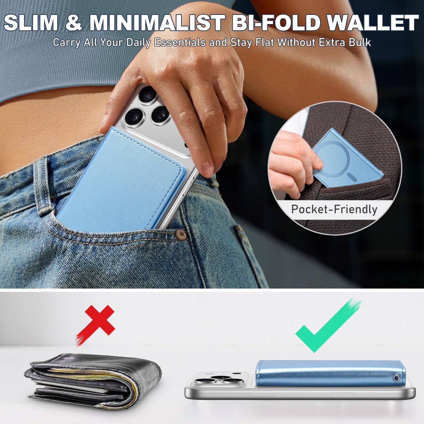 TUCCH for Magsafe Wallet with 6 Card Holders, RFID Blocking Clear ID Window PU Leather Men Women Folio Magnetic Phone Wallet for iPhone 17/16/15/14/13/12/Plus/Air/Pro/Pro Max Series, Pearly Light Blue