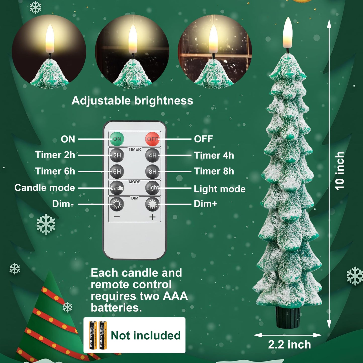 4 PCS Christmas Tree Candles with Remote Timer 10 Inch LED Flameless Taper Candles Wax Battery Operated Candlesticks Green Window Candle with 3D Wick Flickering for Xmas Holiday Gifts Party Home Decor