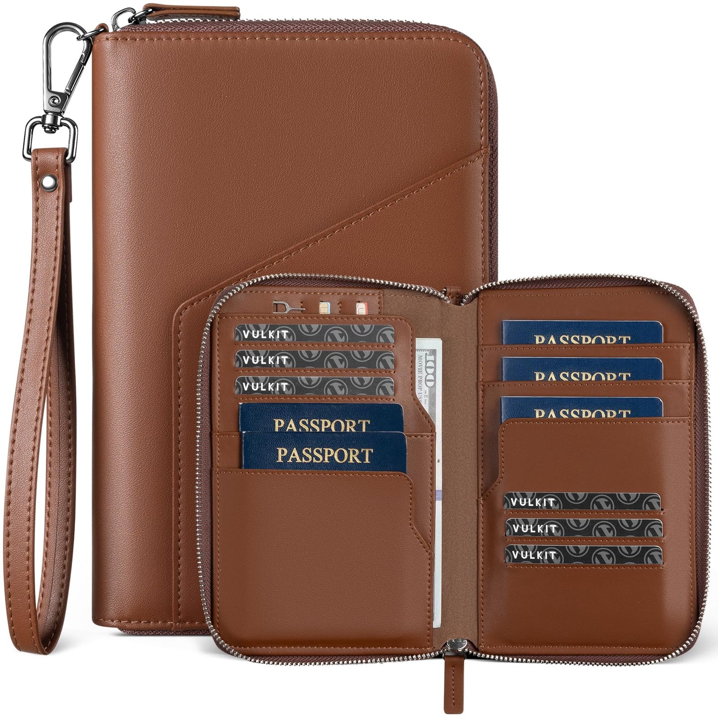 VULKIT Family Passport Holder for 4 Passports - RFID Blocking Travel Wallet Holds Up to 5, Organizer with 4 Slots for Cards & SIM, Secure Zipper Closure, Family Travel Essentials (Espresso)