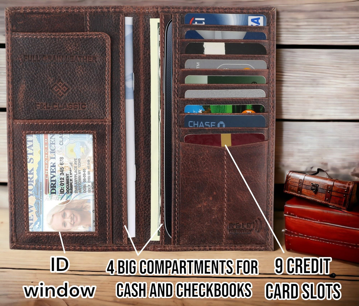 F&L CLASSIC Men's RFID Vintage Look Genuine Leather Long Bifold Wallet Checkbook Wallets,hard wax crunch,240-52