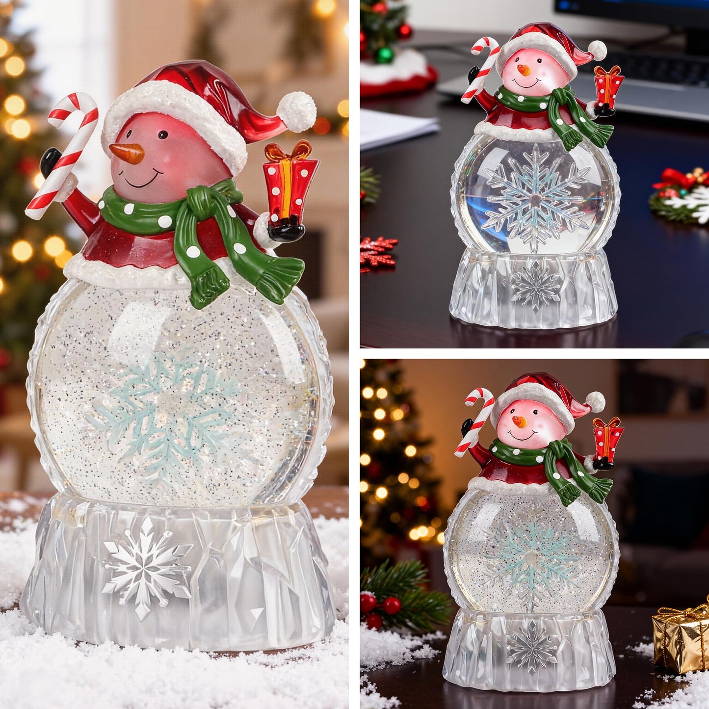 9" Lighted Christmas Snow Globe Lantern, Snowman Water Globe with Swirling Glitter, 8 Christmas Songs, USB/Battery Powered, 6H Timer, LED Holiday Tabletop Decor