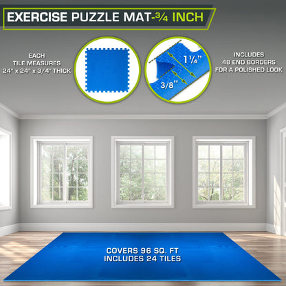 ProsourceFit Weaved Pattern Extra Thick Exercise Puzzle Mat ¾-inch, EVA Foam Interlocking Tiles for Protective, Cushioned Flooring for Home and Gym Equipment; Blue, 96 SQ FT, 24 Tiles