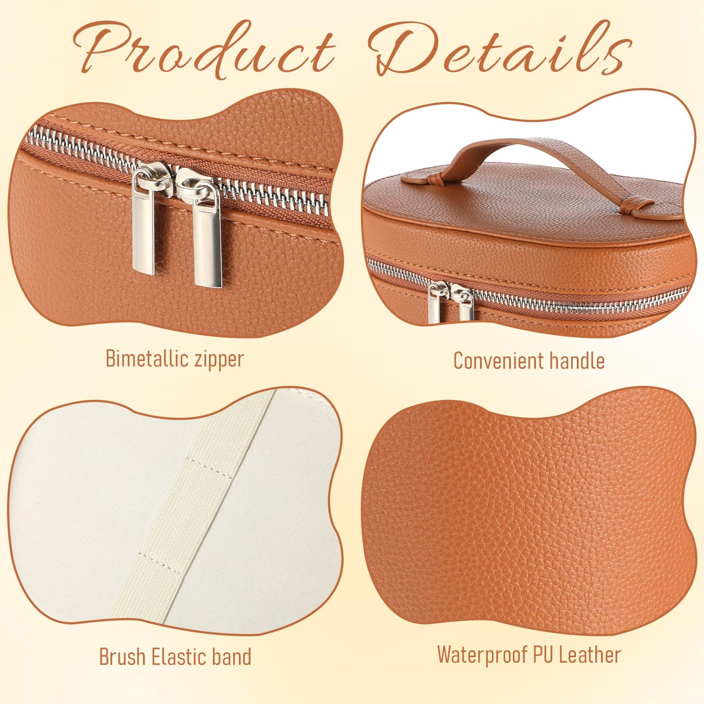 KongTiva Leather Make Up Bags, Large Capacity Cosmetic Case with Removable Compartment Waterproof Leather Makeup Travel Bags Organizer, Brown