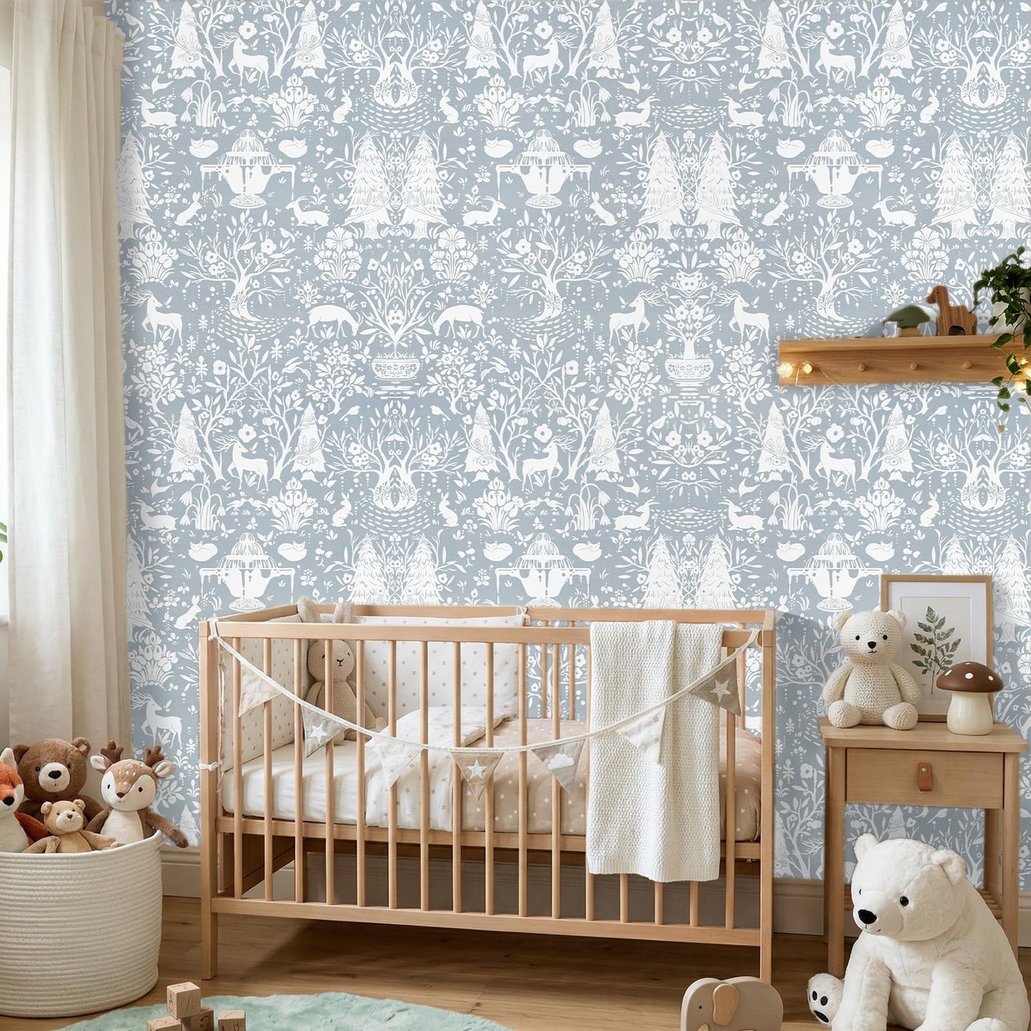 WENMER Forest Animal Wallpaper, 17.7" x 590" Blue and White Contact Paper, Woodland Peel and Stick Wallpaper with Deer Rabbit Fox, Self Adhesive Removable Wall Paper for Living Room Bedroom Nursery