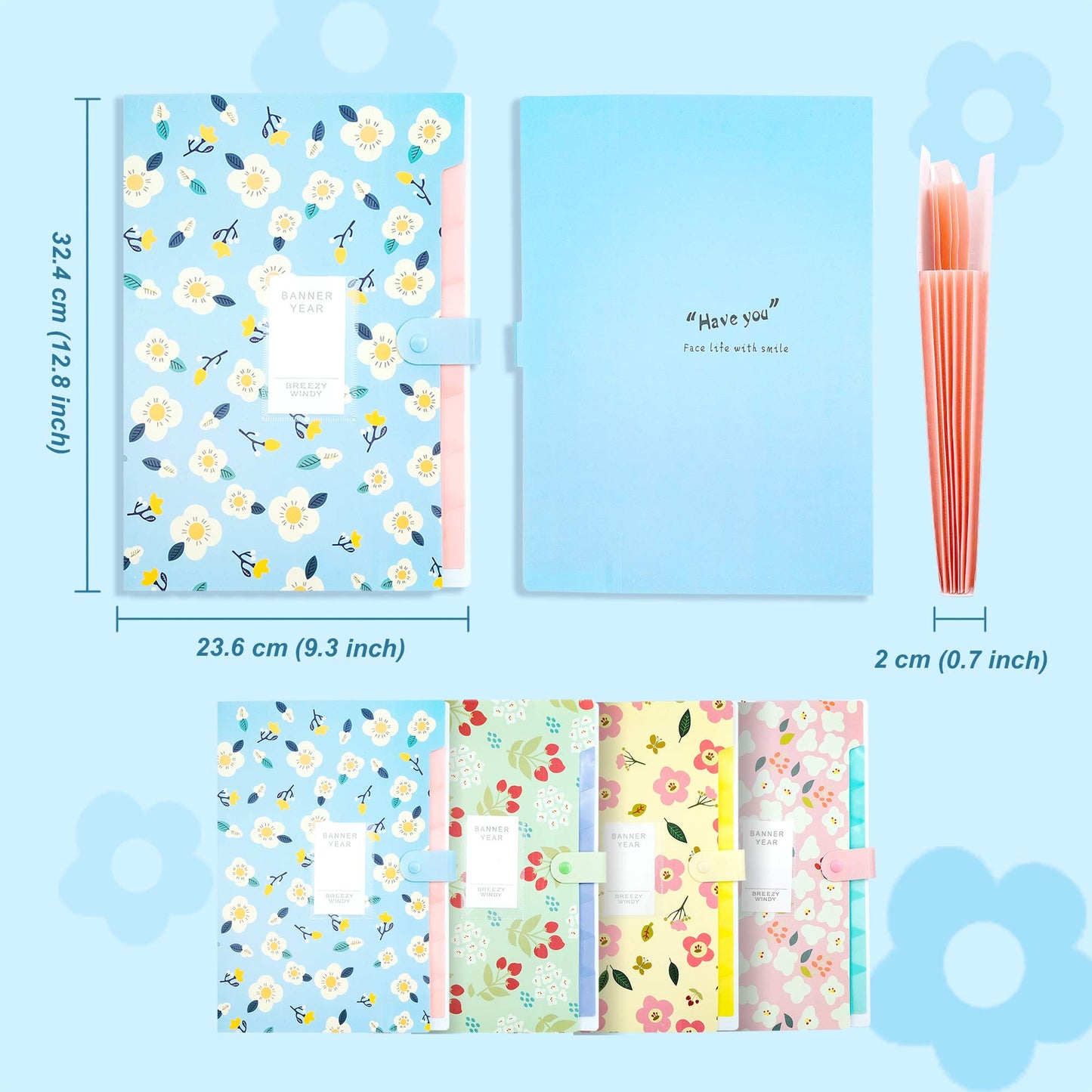 POTTIIS Flower Design Expanding File Folders, 8 Pocket, 4 Pack, A4 Letter Size, Poly Material, 12.8 x 9.3 in