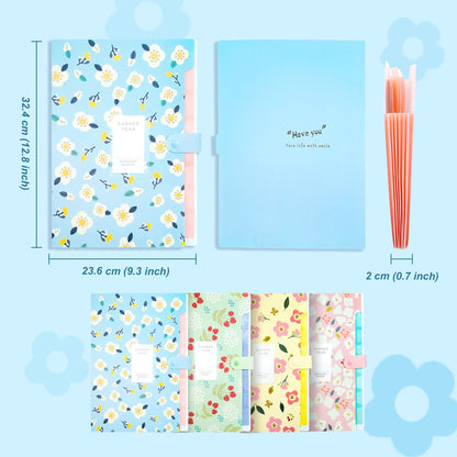 POTTIIS Flower Design Expanding File Folders, 8 Pocket, 4 Pack, A4 Letter Size, Poly Material, 12.8 x 9.3 in