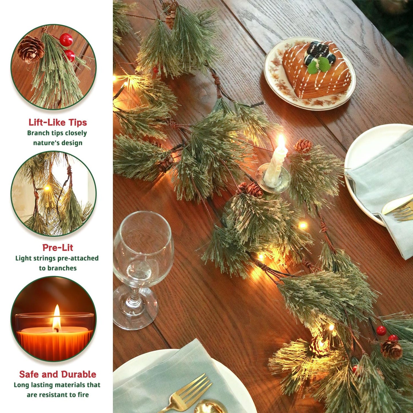 6.4 FT Artificial Cedar Garlands, Real Touch Winter Pine Garland with Red Berries, Green Greenery Garland for Table, Mantle, Wall, Indoor, Outdoor Christmas Decorations