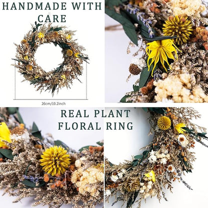 Handmade Dried Flower Wreath – 10 Inch Real Plant Floral Ring, Rustic Boho Wall Decor for Home, Front Door, Wedding, Fall Decor