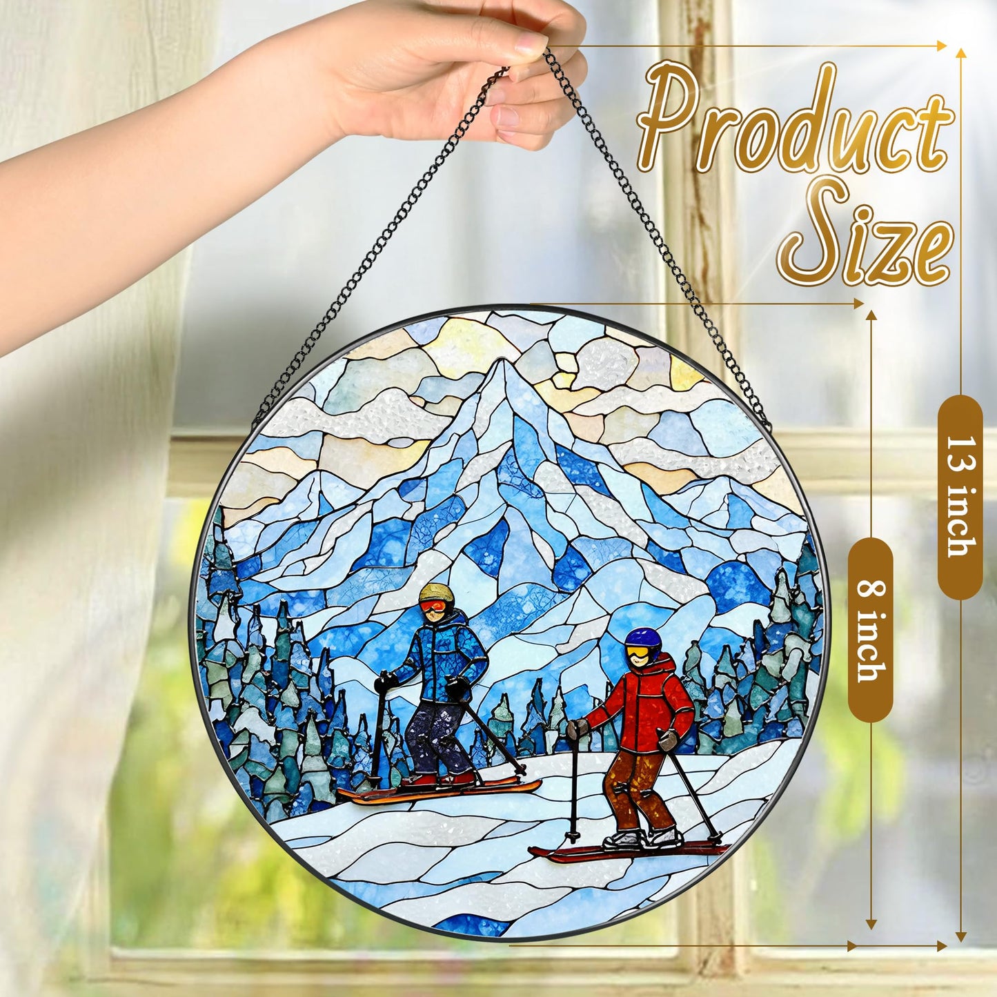 LAOWEIKI 8'' Snowy Mountain Skiers Sun Catcher Ornament, Stained Glass Window Hanging, Sun Catchers for Windows Hanging Ornaments, Window Decor | Ideal Gift, Gift Exchange, Gifts for Skiers