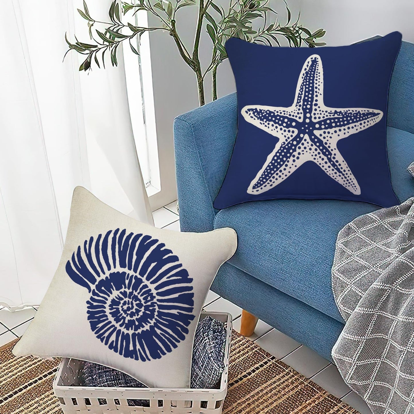 Fahrendom Beach Dark Blue Decorative Throw Pillow Covers 18 x 18 Set of 4, Coastal Sea Conch Starfish Coral Porch Patio Outdoor Pillowcase, Nautical Ocean Spring Summer Sofa Cushion Case Home Decor