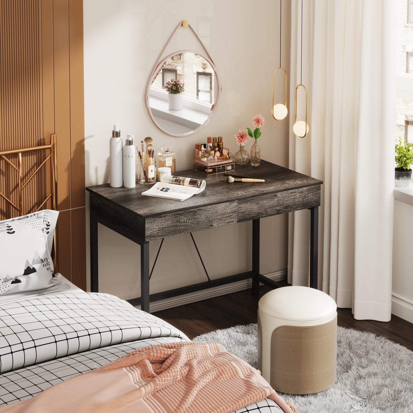 Mexin Small Desk with 2 Wooden Drawers, 40 Inch Home Office Writing Desk, Vanity Desk with Storage, Computer Desk for Bedroom Small Spaces, Table for Office, Work, Kids Study, Makeup, Gray Oak