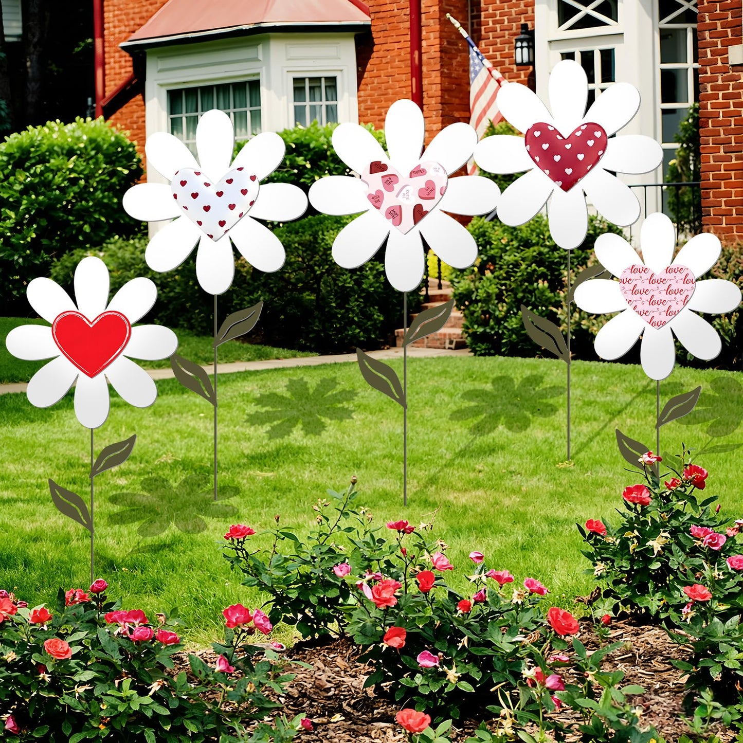 Nuanchu 5 Pcs 27.4" Metal Spring Flower Yard Signs Heart Yard Sign Stake Waterproof Floral Heart Lawn Signs Spring Outdoor Decorations for Mother's Day Outside Garden Patio Pathway Home Decor