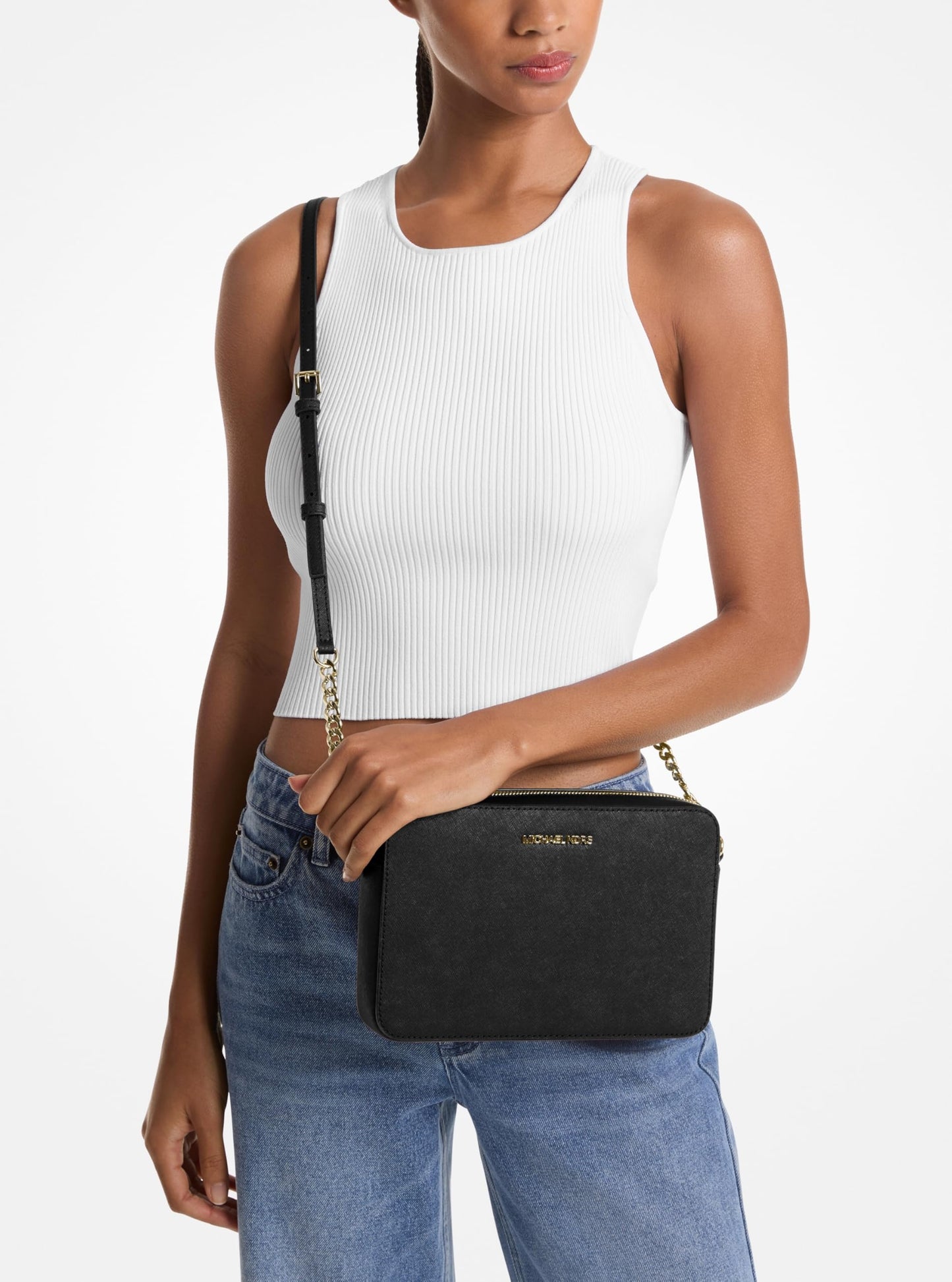 Michael Kors, Women's, Jet Set Large Crossbody Bag, Gold-Tone Hardware/Saffiano Leather/Black