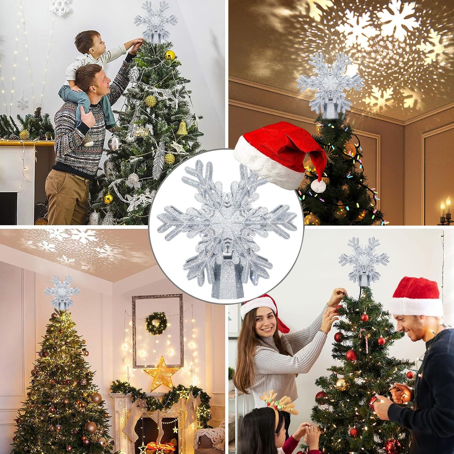 AOMIL Christmas Tree Topper, 3D Rotating Silver Snowflake Pattern Projector for Xmas Tree Topper, Hollow Design Christmas Decorations, Christmas Decor
