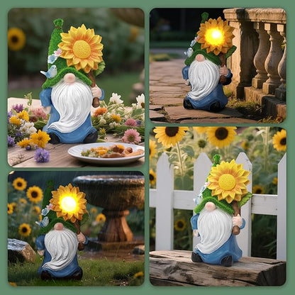 Solar Gnome with Glowing Sunflower Light,Weatherproof Resin Garden Figurine Decor Auto On/Off - Fairytale Statue Gift for Patio,Yard