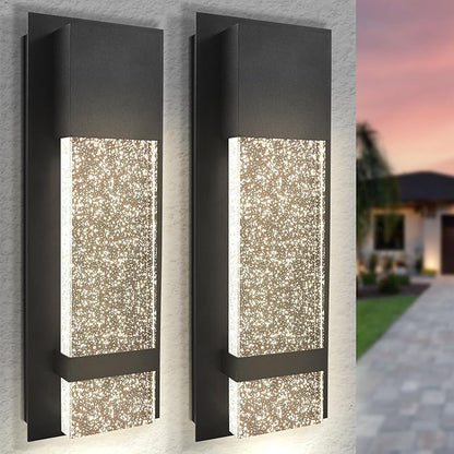LUXRITE Modern LED Outdoor Wall Light, Seeded Bubble Glass Wall Sconce, 3CCT 3000K 4000K 5000K, 14 Inch, 12W, Black Aluminum, IP65 Waterproof, ETL, Exterior Porch Light, Front Door, Patio (2 Pack)