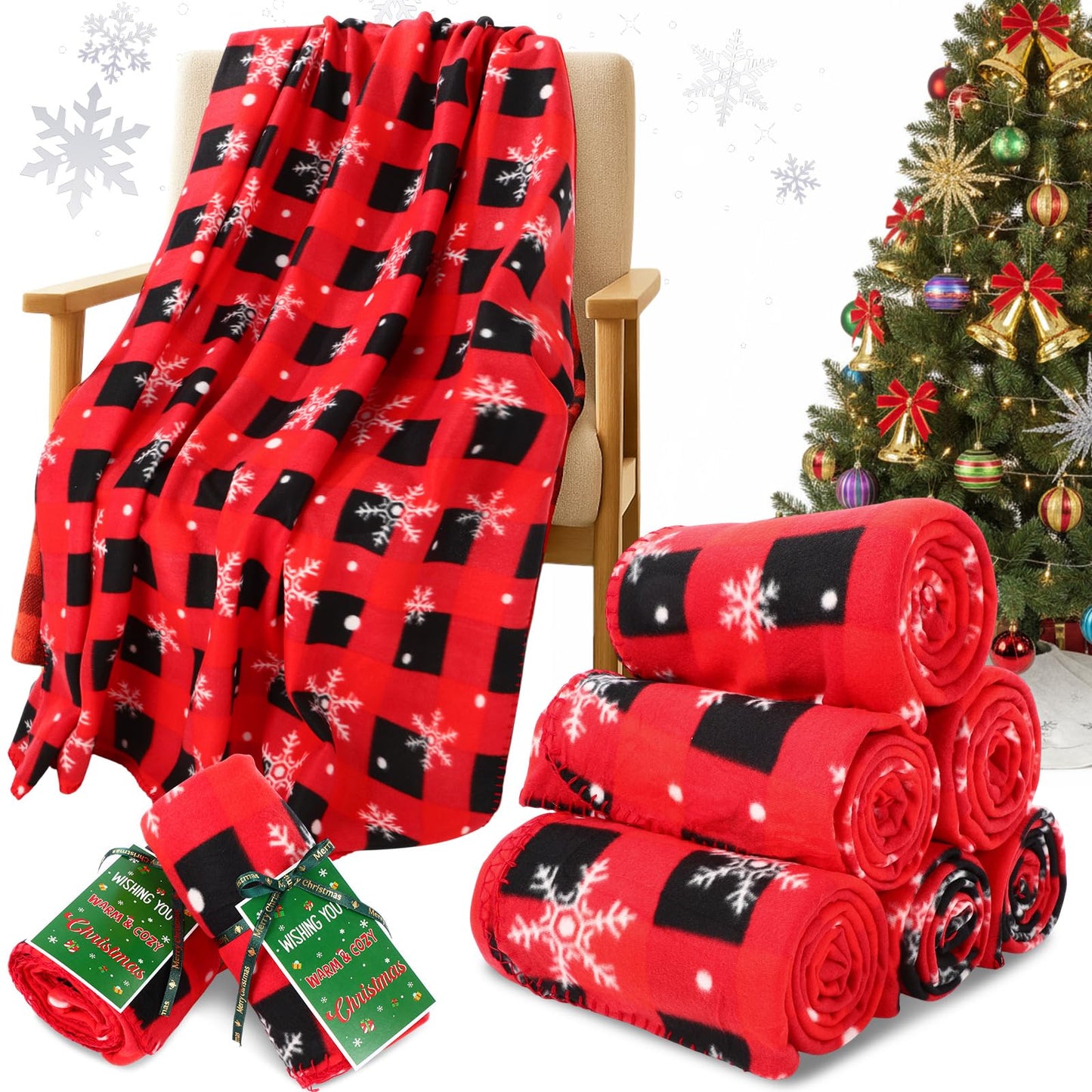 HunnmingRe 6 Set Christmas Fleece Throw Blanket Bulk Xmas Gift Set Include Merry Christmas Ribbon and Gift Card 50 x 60 Inch Holiday Blanket for Couch Sofa Winter Travel Decoration