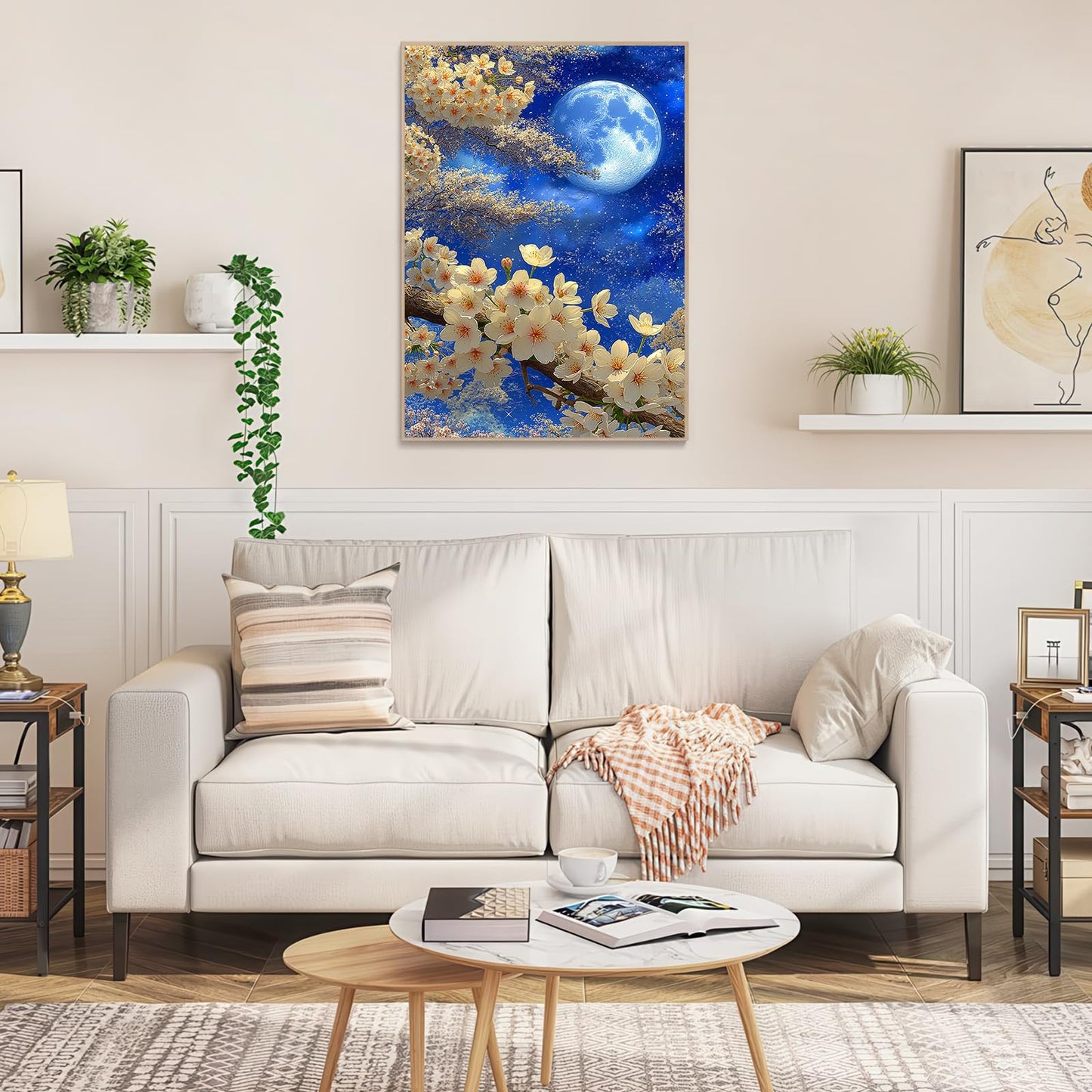 1000 Piece Jigsaw Puzzle, White Cherry Blossoms & Full Moon