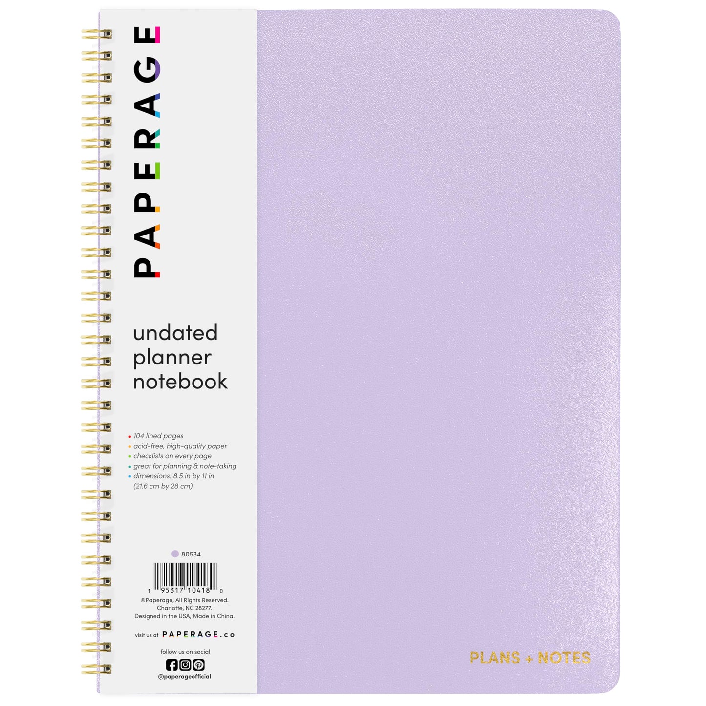 PAPERAGE Undated Daily Planner & To Do List Notepad (Lavender), 8.5 in x 11 in, Spiral Bound Planner Notebook for Work, School or Home, 104 Lined Pages With Date Tracker for Plans & Notes
