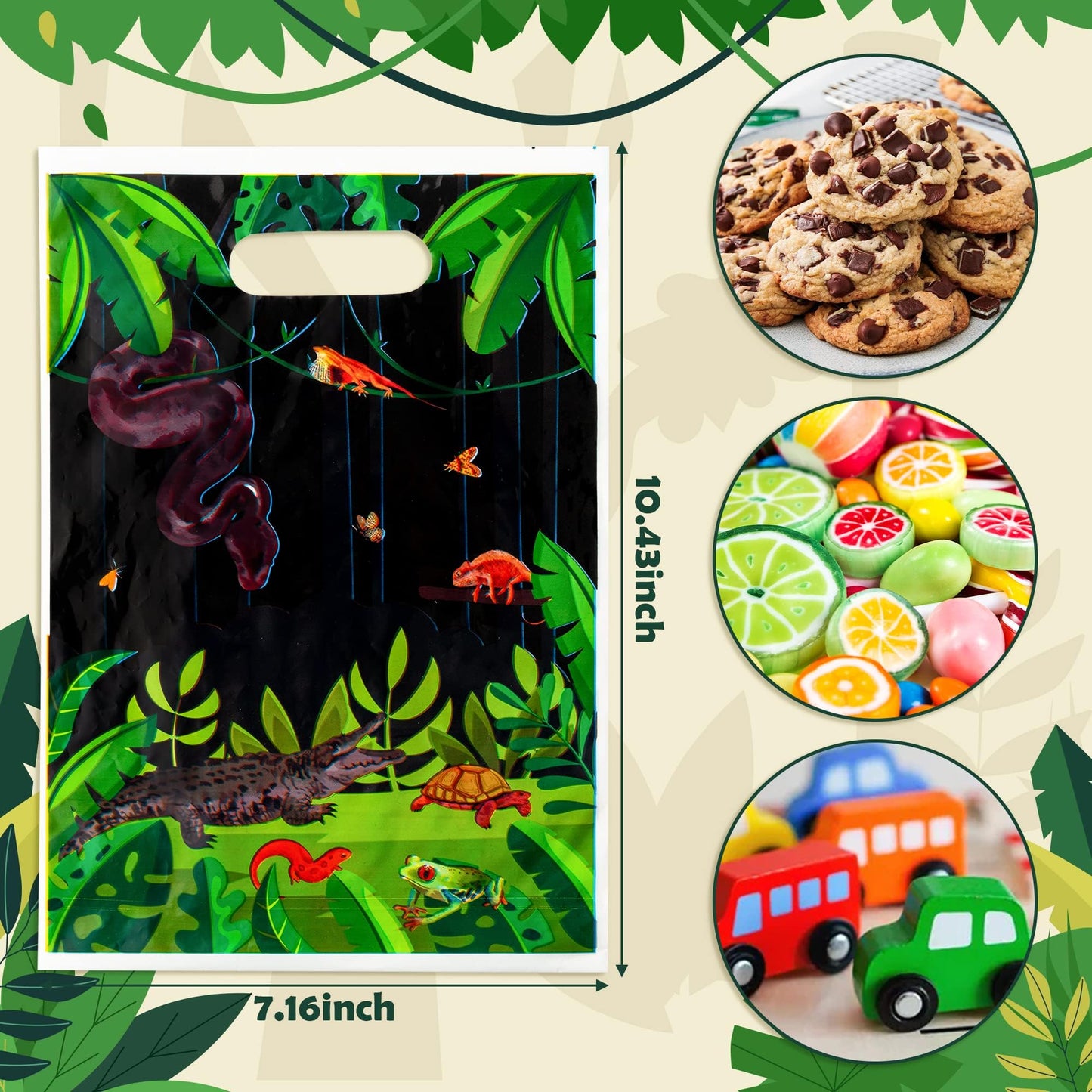 BkeeCten Goodie Party Favor Bags - 50 Pack Reptile Swamp Party Favor Bags Lizard Snake Goody Candy Treat Christmas Winter Xmas New Year Gifts Wrapping Plastic Wildlife Jungle Animal Gift Wrap Kids