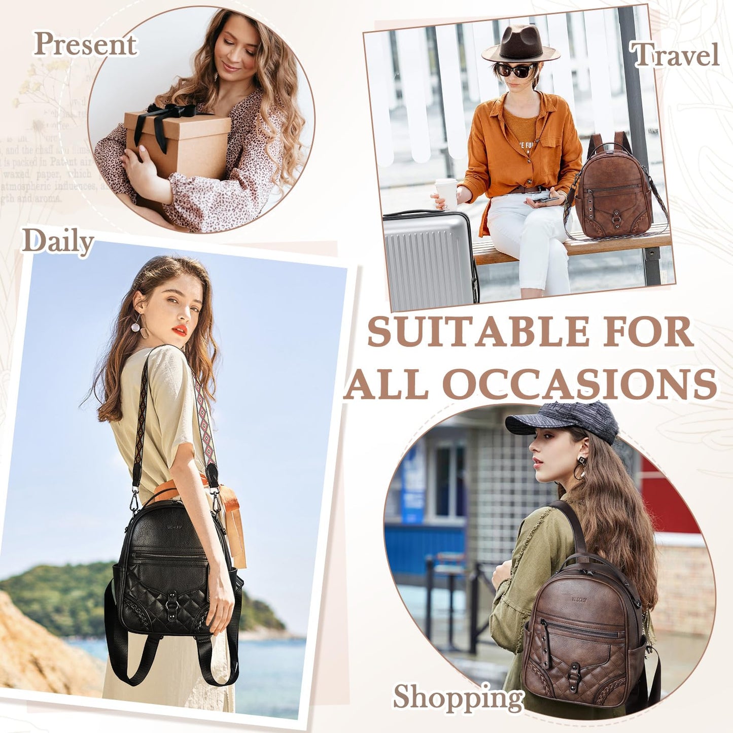 VASCHY Small Backpack Purse for Women, Cute Vegen Leather Mini Backpack for Lady with Guitar Shoulder Bag Handbag Strap Brown