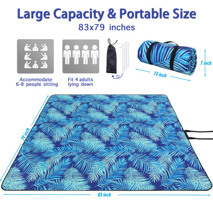 PY SUPER MODE Picnic Blankets Extra Large, Waterproof Foldable Outdoor Beach Blanket Oversized 83x79” Sandproof, 3-Layer Picnic Mat for Camping, Hiking, Travel, Park, Concerts(Blue Leaves)