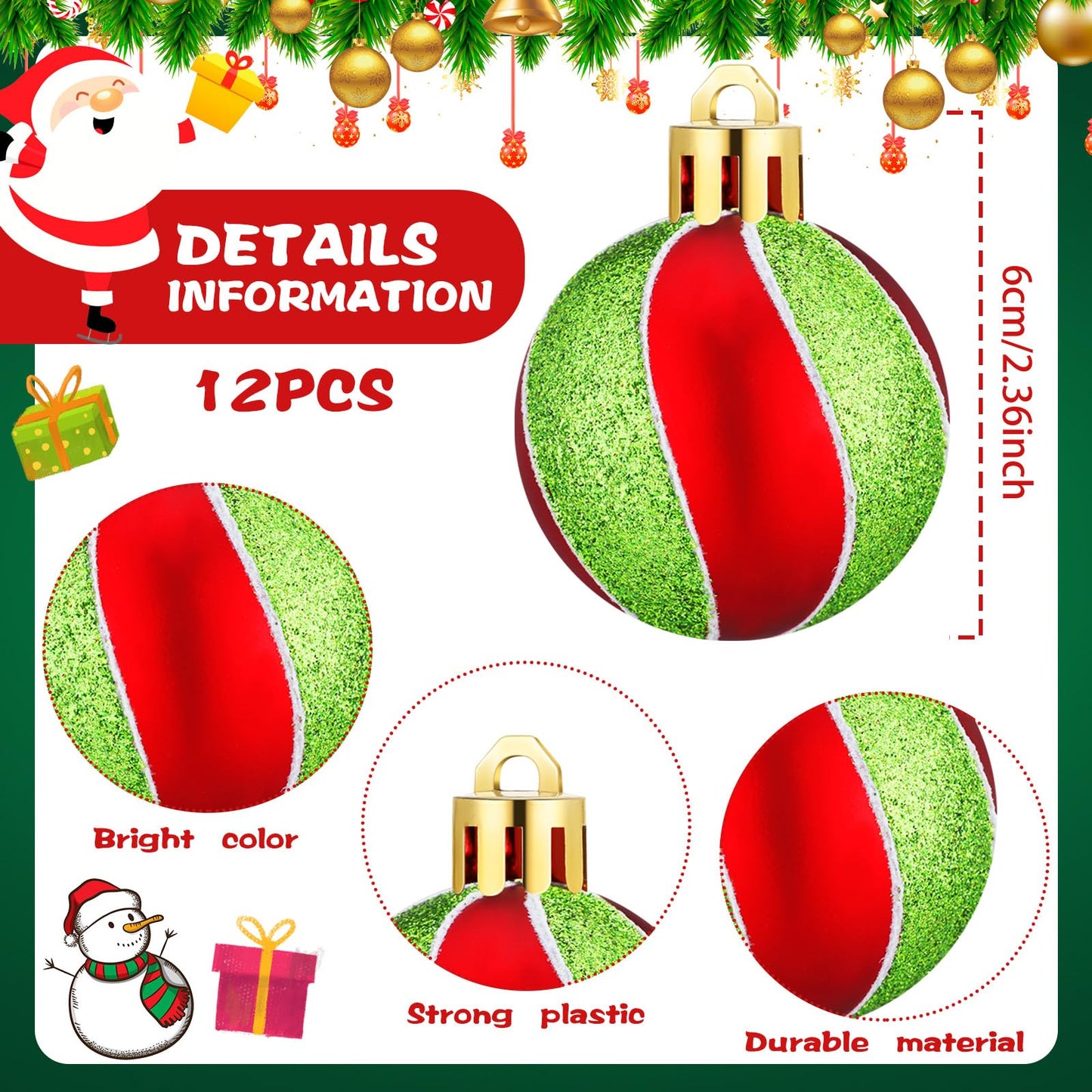 Jetec 12 Pcs Lime Green and Red Christmas Ball Ornaments for Tree 2.4 Inch Polka Dots Stripes Christmas Decorations Shatterproof Peppermint Candy Cane Xmas Baubles for Tree Home Wreath Party Decor
