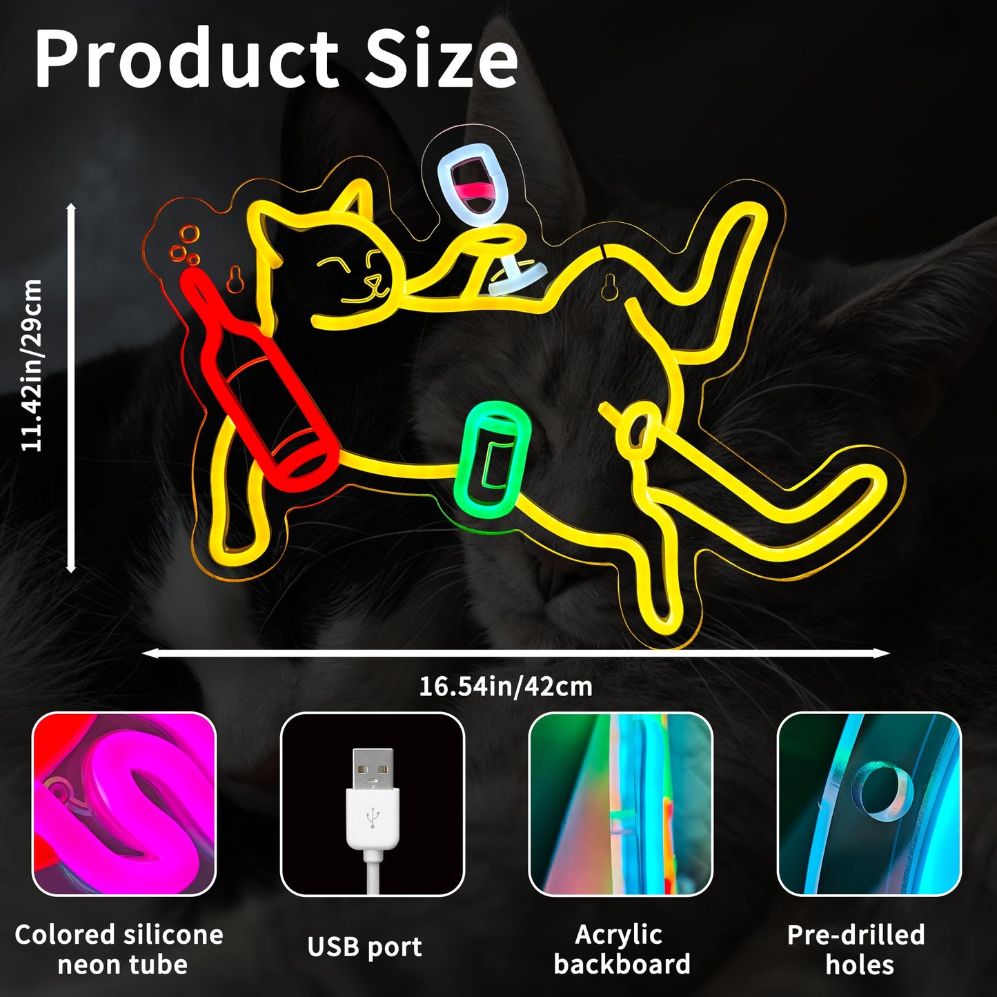 Cat Neon Light Sign, USB Powered Dimmable Bar Neon Signs for Home Bar Wall Decor, LED Wall Art for Bedroom Men Cave Game Room Birthday Party Gifts