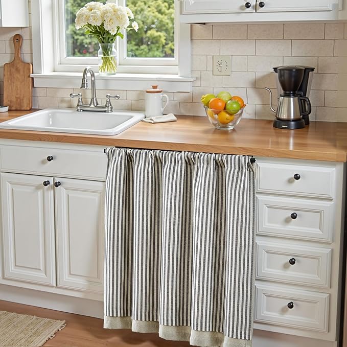 jinchan Double Layer Striped Linen Kitchen Tier Curtain Rustic Cafe for Living Room Bathroom Half Window Curtain Light Filtering Rod Pocket 1 Panel 24 Inch Charcoal Grey